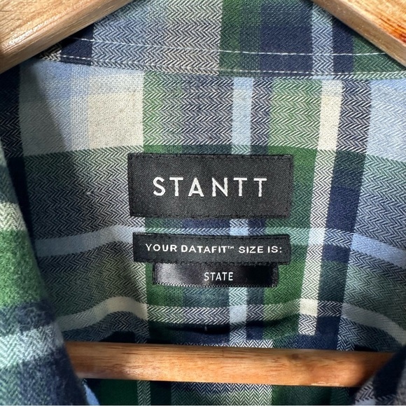 STANTT Men’s Brushed Twill Button Down Shirt Blue/Green Plaid Neck 16 - Picture 3 of 7